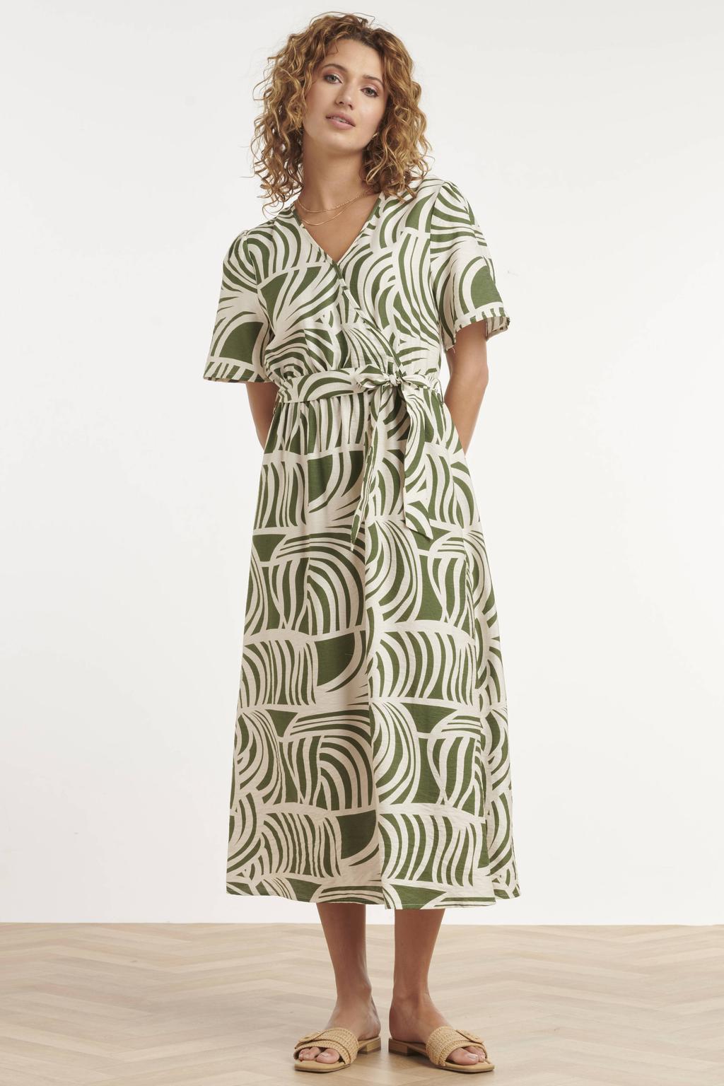 Groen en ecru dames Smashed Lemon wikkeljurk van rayon met korte mouwen, overslagkraag en striksluiting