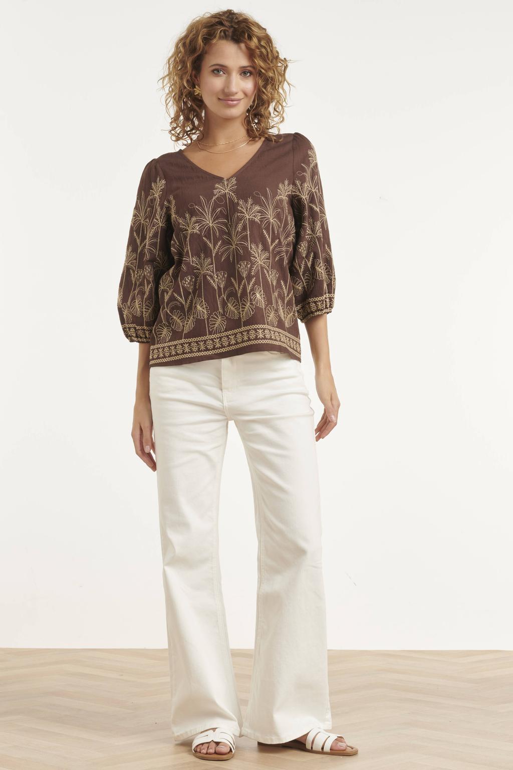 Bruin en beige dames Smashed Lemon gebloemde top van rayon met bladprint, driekwart mouwen en V-hals