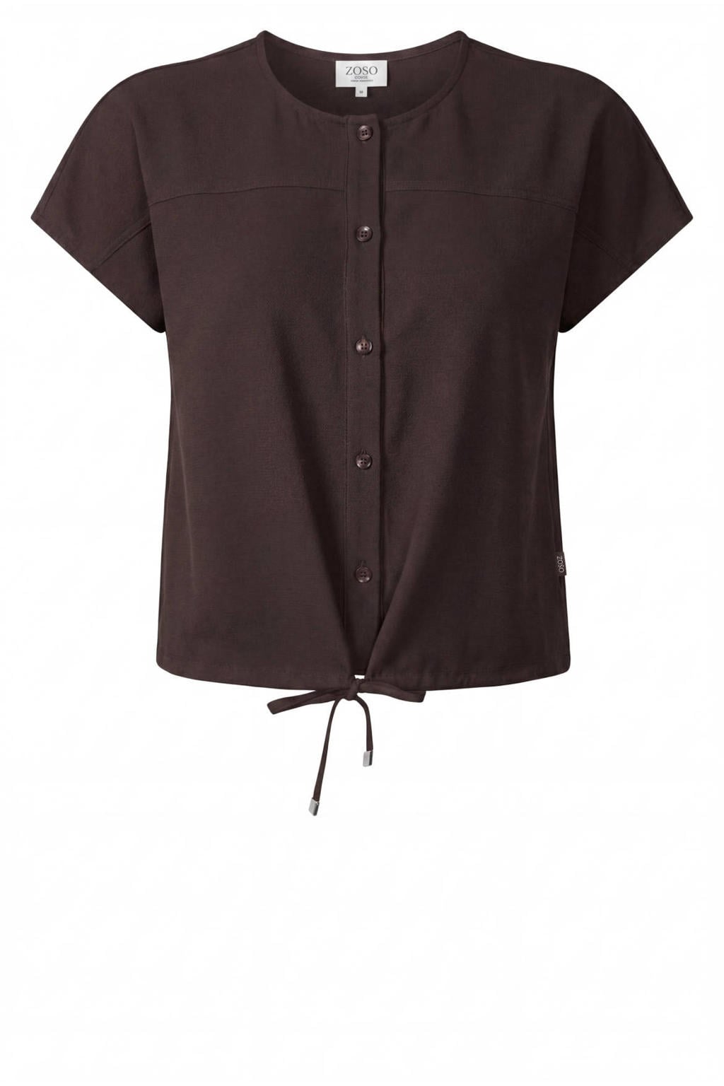 Donkerblauwe dames Zoso blouse van polyamide met effen, korte mouwen, ronde hals, knoopsluiting en rijgdetail