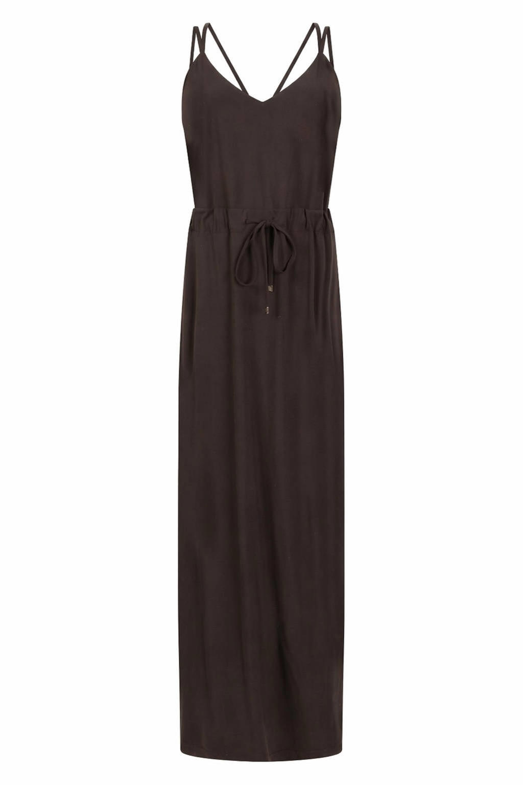 Donkerblauwe dames Zoso zomerjurk van polyamide met effen, spaghettibandjes, V-hals en elastische tailleband met koord
