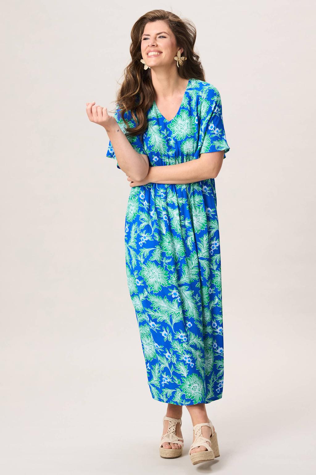 Blauw en groene dames Miss Etam gebloemde maxi zomerjurk van viscose met korte mouwen en V-hals