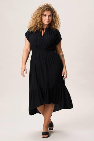 viscose midi jurk met plooien - zwart