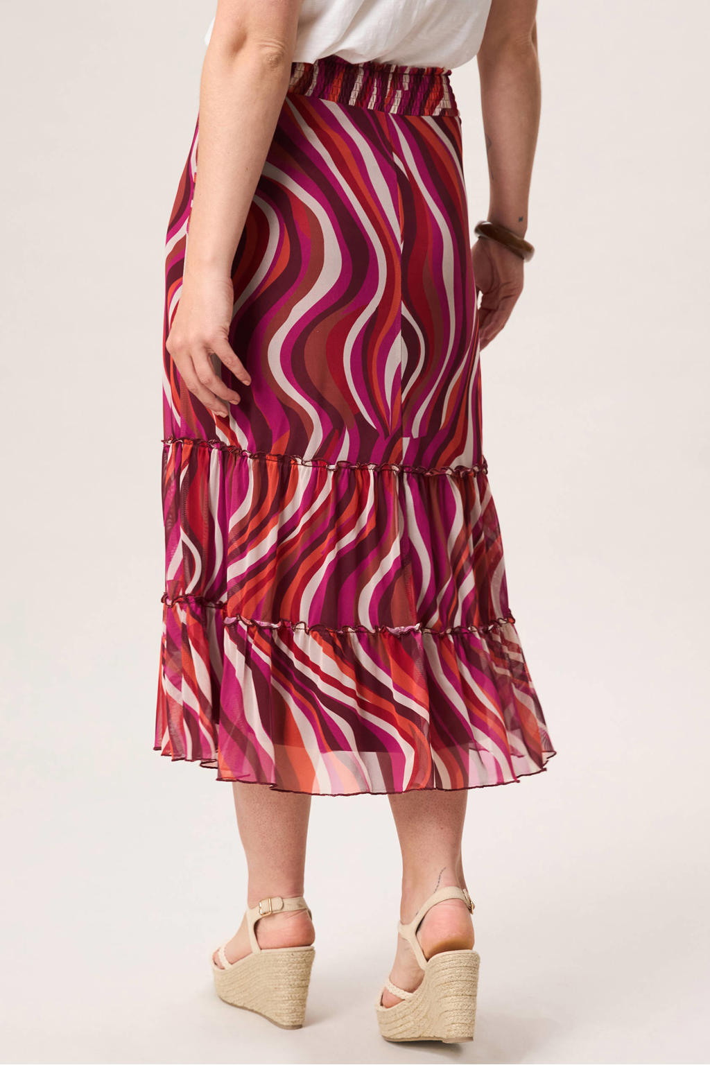 Roze, oranje en ecru dames Miss Etam midi rok met print voorzien van