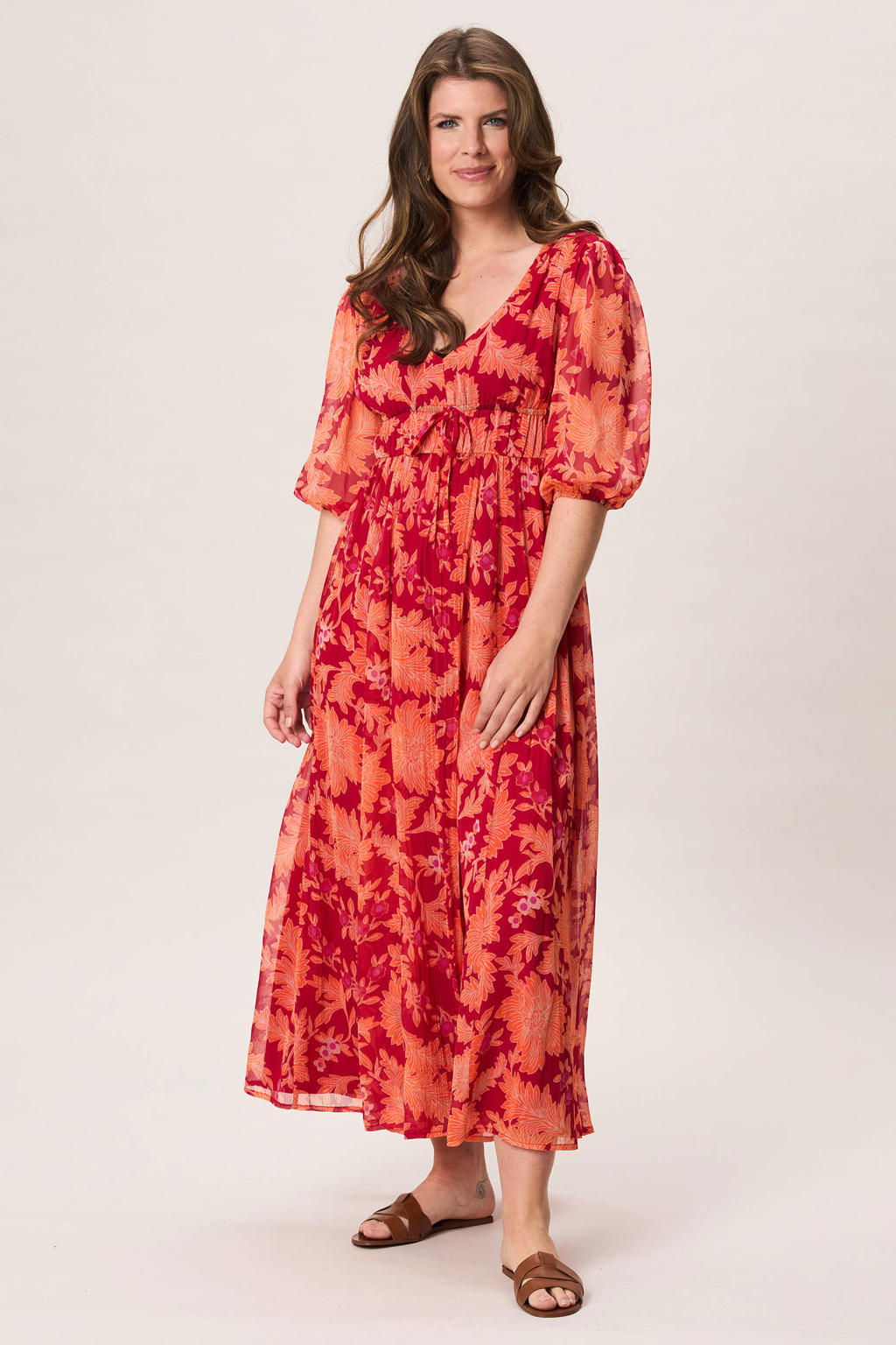 Rode dames Miss Etam gebloemde maxi jurk van polyester met korte mouwen, V-hals en striksluiting