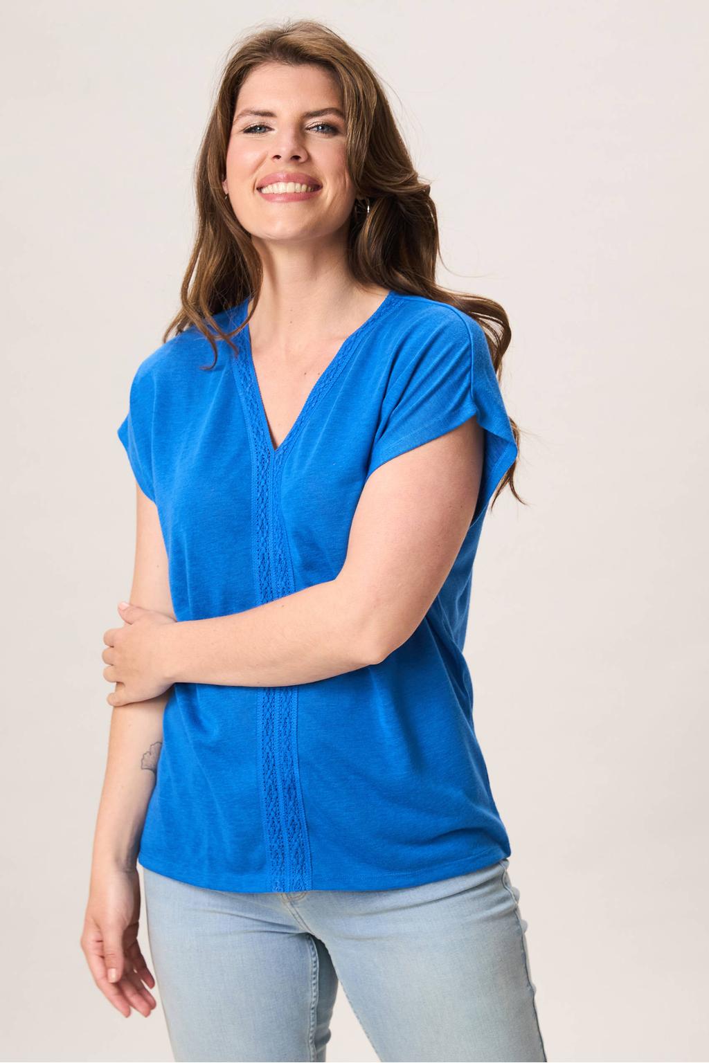 Blauwe dames Miss Etam top van polyester met effen, korte mouwen en V-hals