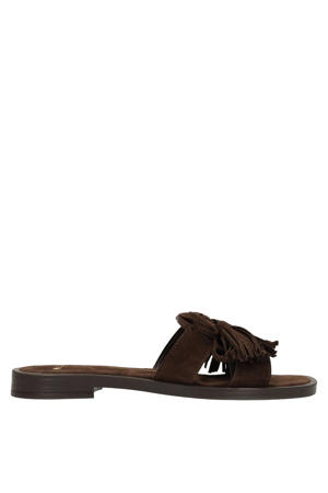 suède slippers met franjes - donkerbruin