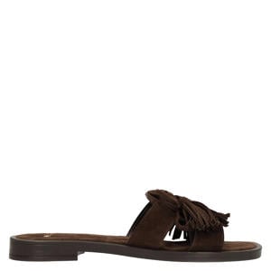 suède slippers met franjes - donkerbruin
