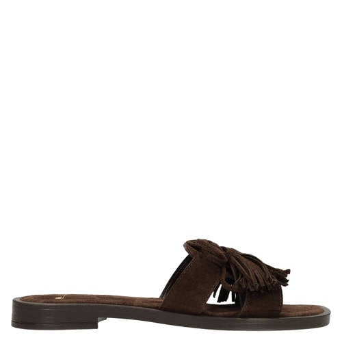 Manfield suède slippers met franjes donkerbruin