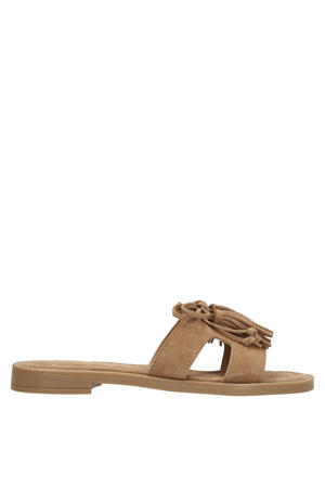 suède slippers met franjes - beige