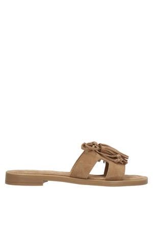 suède slippers met franjes - beige