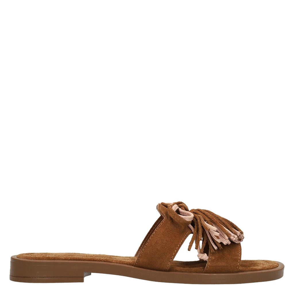 Manfield suède slippers met franjes - cognac