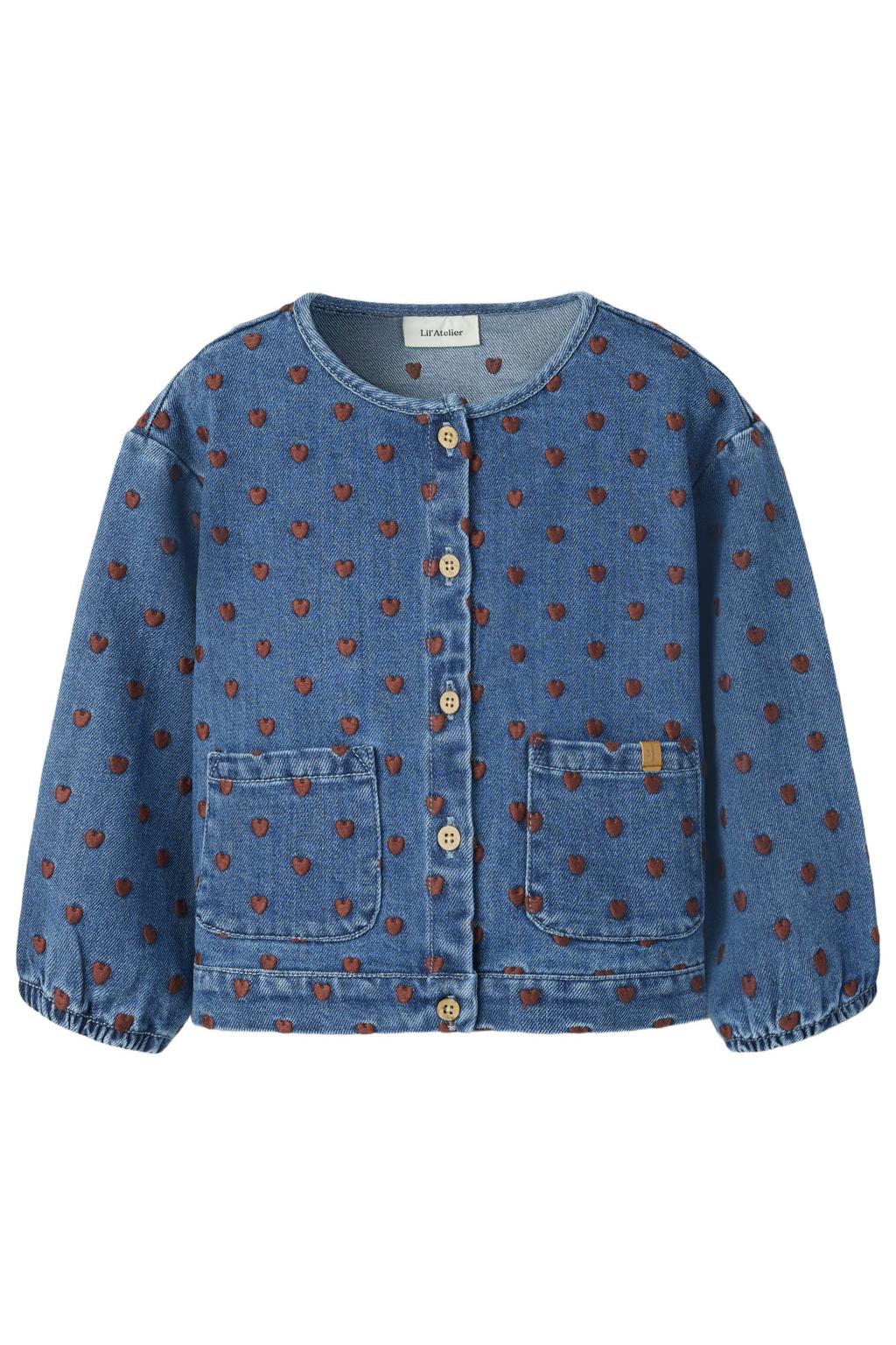 Dark blue denim meisjes LIL' ATELIER MINI katoenen spijkerjas met hartjesprint, lange mouwen, ronde hals, knoopsluiting en elastische boord
