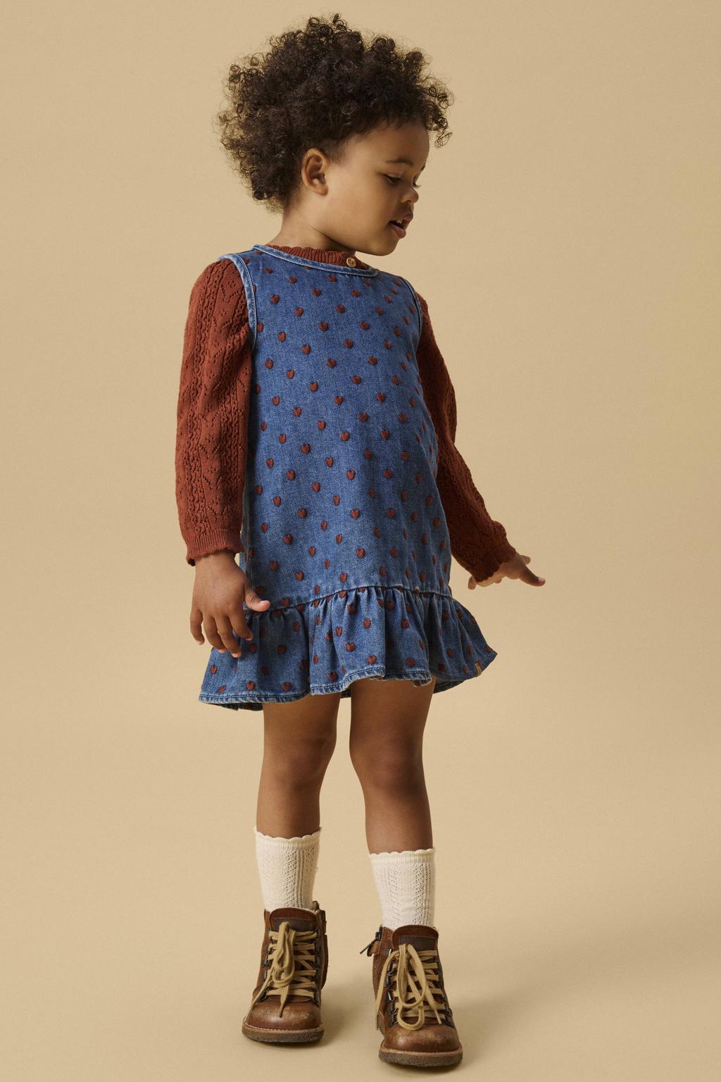Dark blue denim meisjes LIL' ATELIER MINI spijkerjurk met hartjes van denim met ronde hals, knoopsluiting en ruches