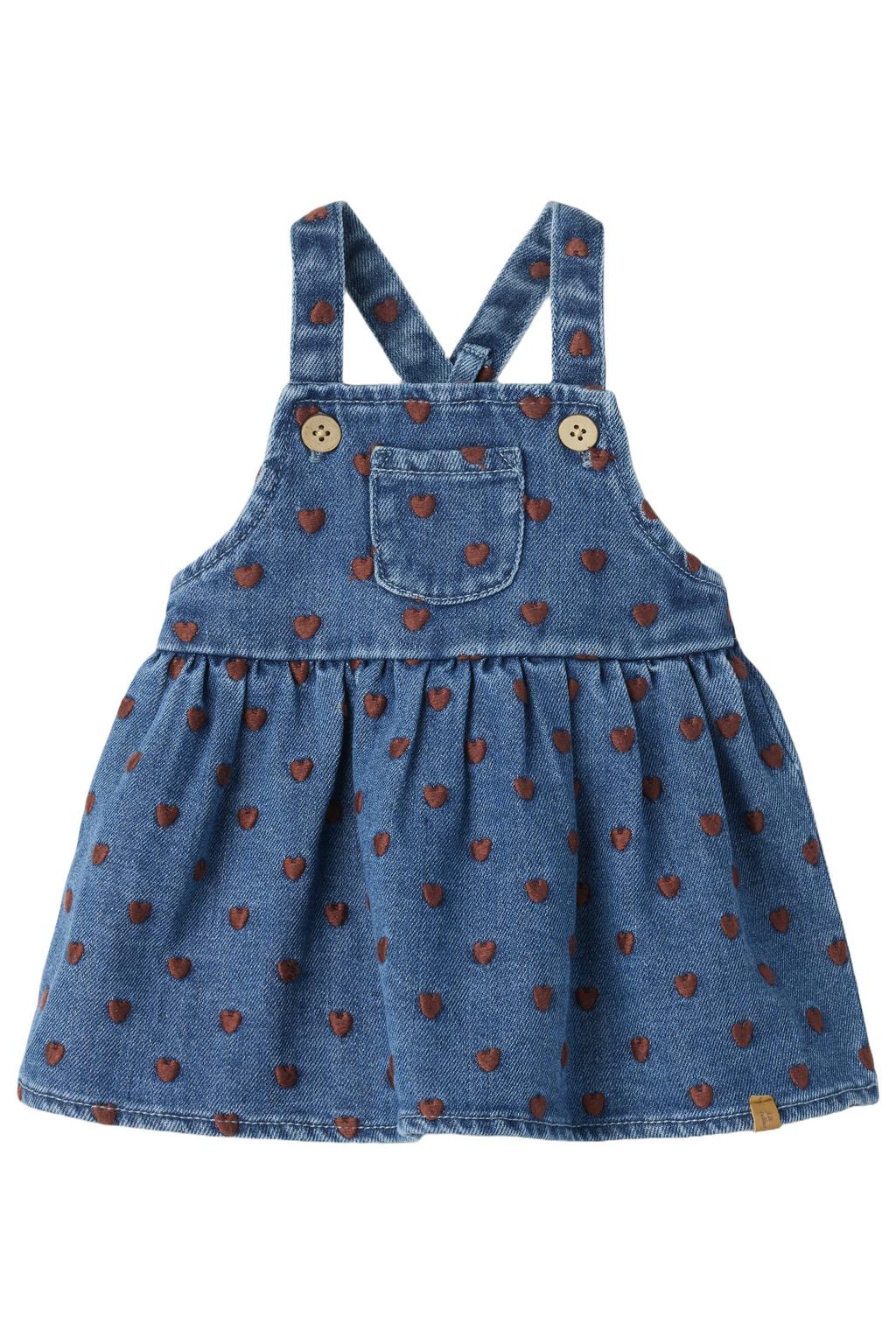 Dark blue denim meisjes LIL' ATELIER BABY spijkerjurk van denim met hartjesprint en vierkante hals