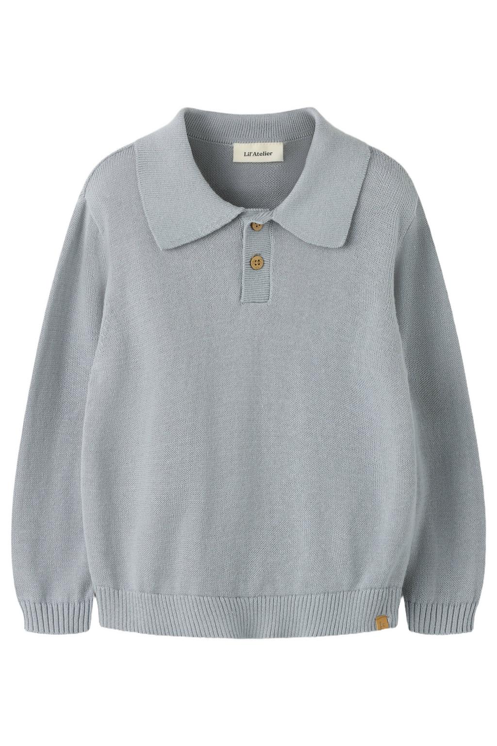 Lichtgrijze jongens LIL' ATELIER MINI oversized polo van katoen met effen, lange mouwen en knoopsluiting