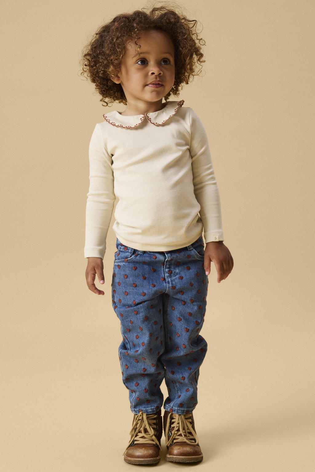 Beige meisjes LIL' ATELIER MINI longsleeve van stretchkatoen met effen, lange mouwen, peter pan-kraag, knoopsluiting en borduursels
