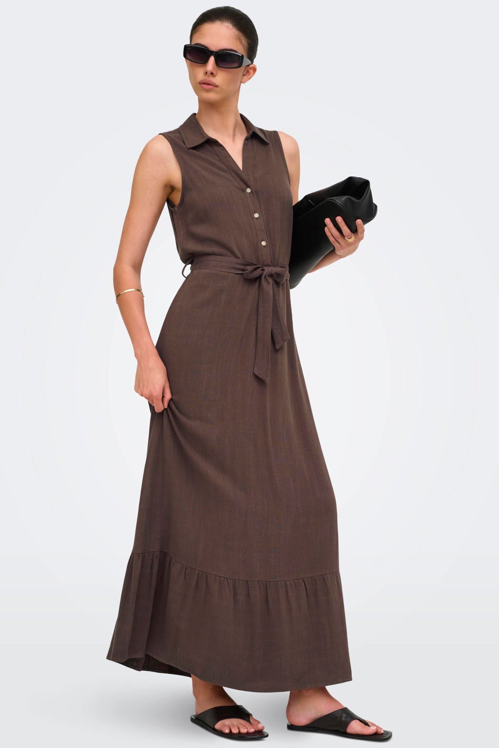 ONLY midi jurk met ceintuur - bruin