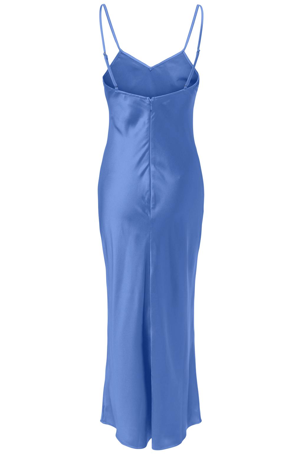 Blauwe dames ONLY midijurk van polyester met effen, spaghettibandjes, V-hals en ritssluiting