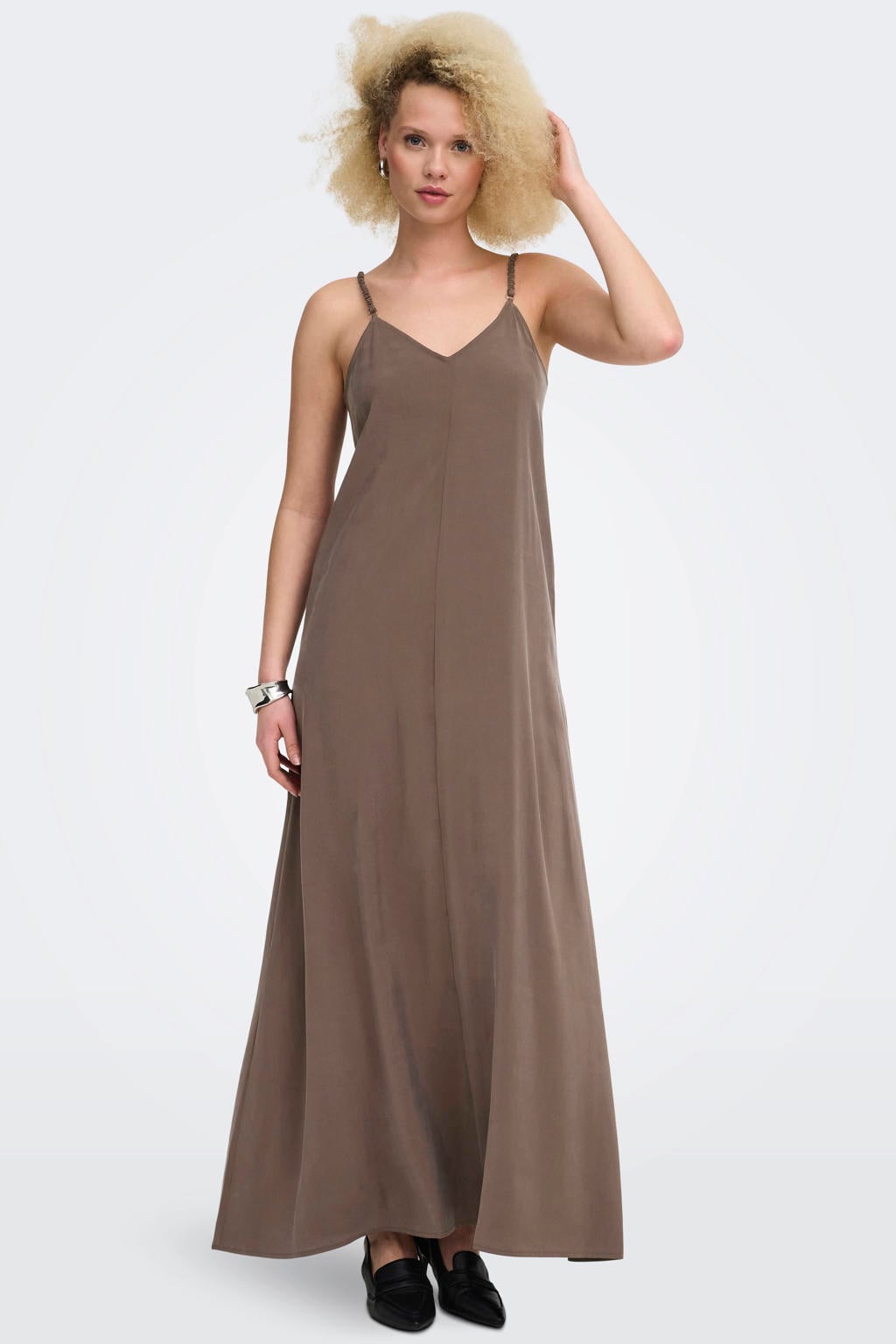 Lichtbruine dames ONLY maxi jurk van viscose met effen, spaghettibandjes en V-hals