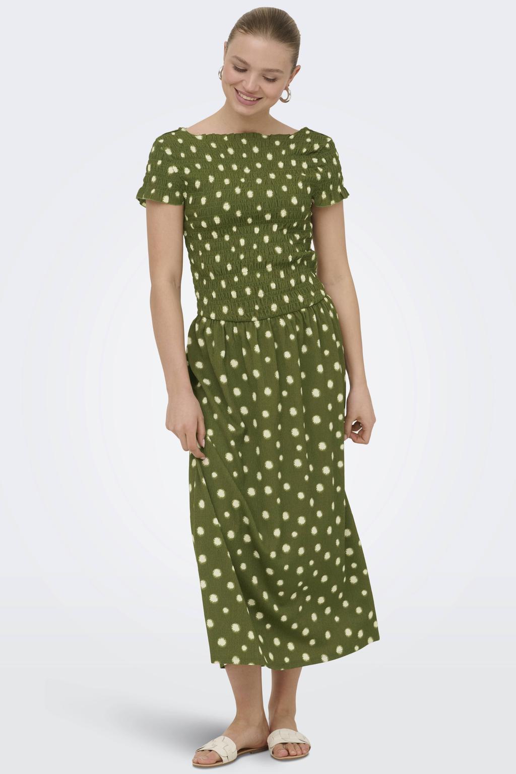 Groen en witte dames ONLY midi jurk van polyester met stippenprint, korte mouwen en boothals