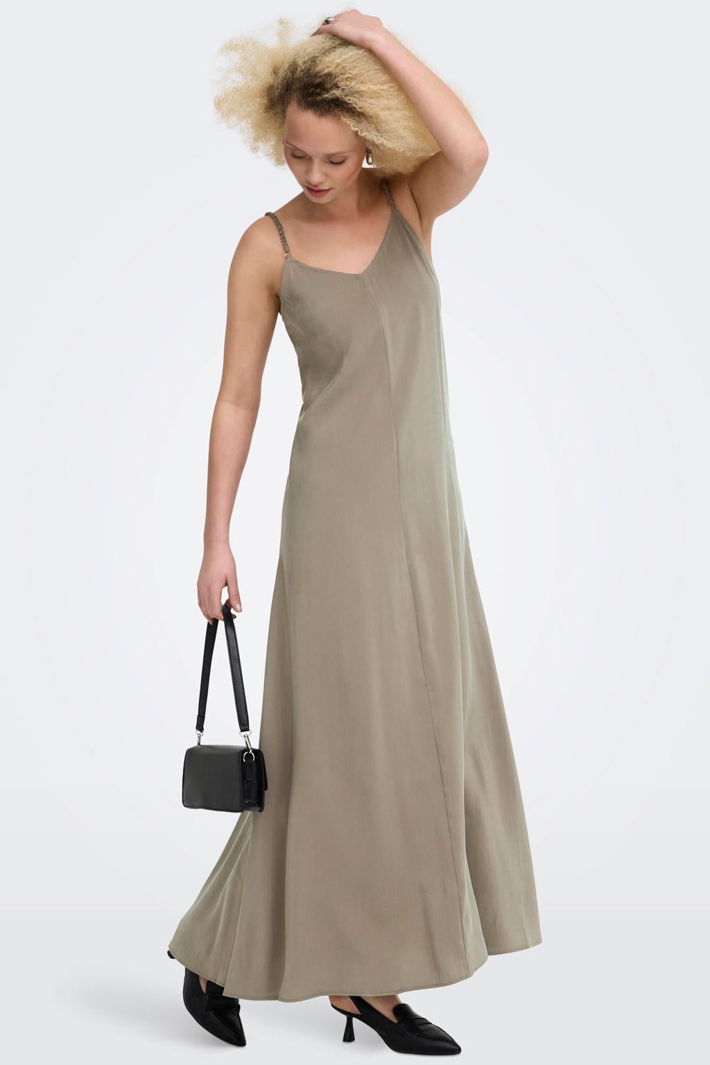 Grijsgroene dames ONLY maxi jurk groen van viscose met effen, spaghettibandjes en V-hals