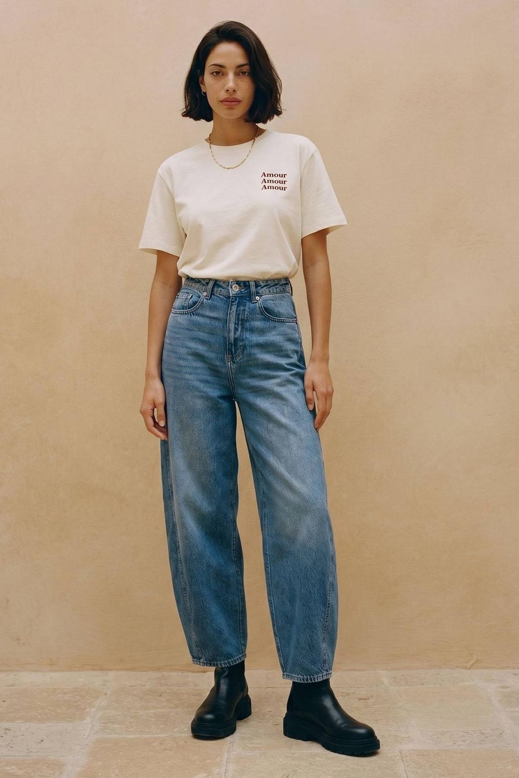 Ecru dames VERO MODA rechtvallend T-shirt van katoen met backprint, korte mouwen en ronde hals