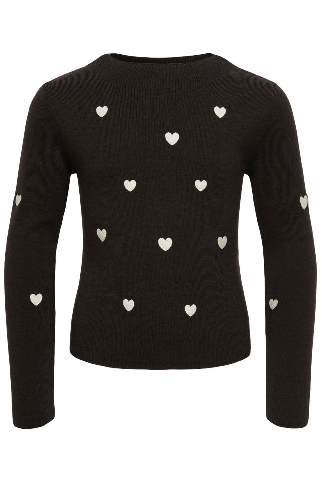 Donkerbruin en witte meisjes KIDS ONLY GIRL gebreide trui van viscose met hartjesprint, lange mouwen en ronde hals