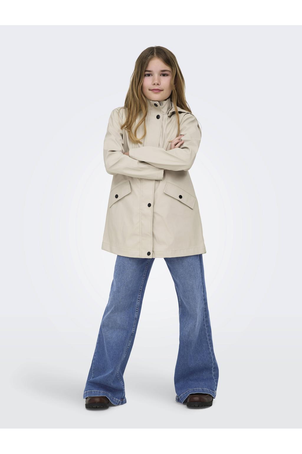 Zandkleurige meisjes KIDS ONLY GIRL regenjas van polyester met effen, lange mouwen, capuchon en rits- en drukknoopsluiting