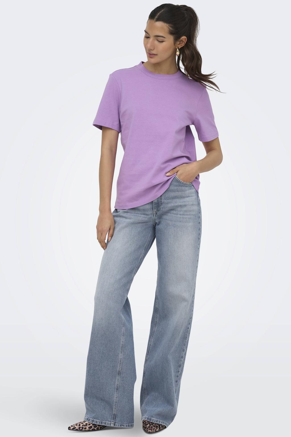 Lilakleurige dames ONLY rechtvallend T-shirt van katoen met effen, korte mouwen en ronde hals
