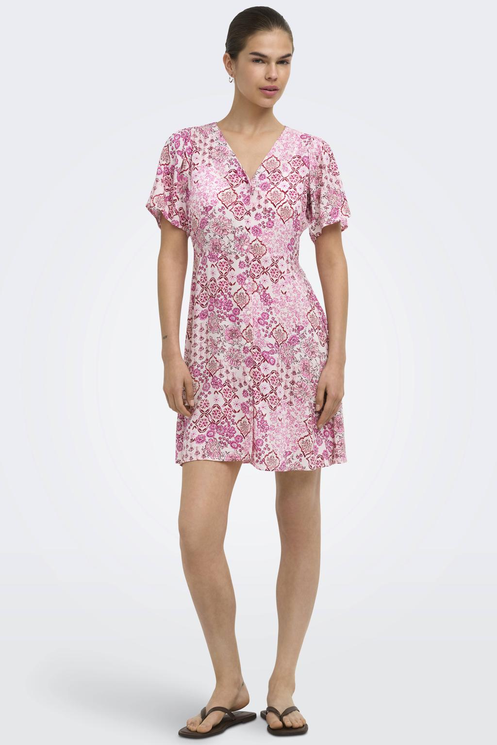 Roze dames ONLY korte jurk van viscose met korte mouwen en V-hals