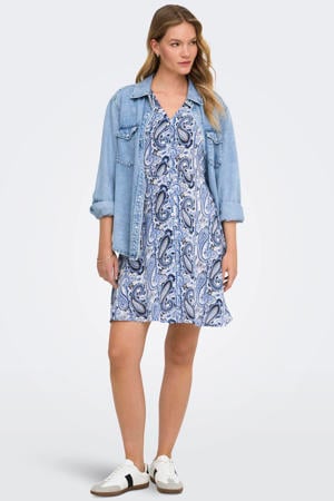 viscose korte jurk met ceintuur en print - blauw