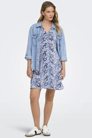 viscose korte jurk met ceintuur en print - blauw