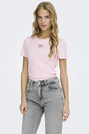 T-shirt met borduursels - lichtroze