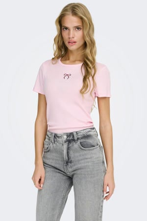 T-shirt met borduursels - lichtroze