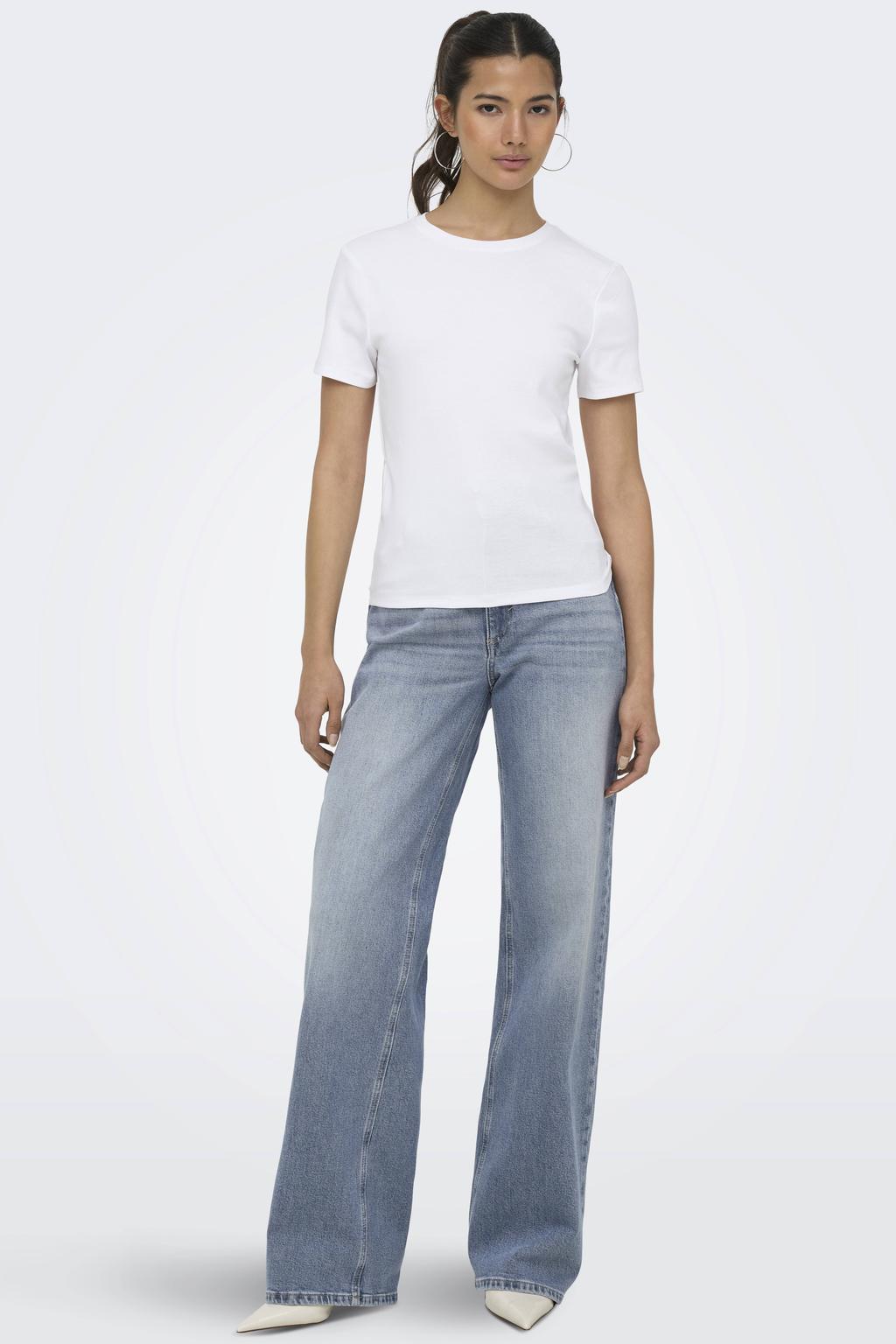 Witte dames ONLY T-shirt van katoen met effen, korte mouwen en ronde hals