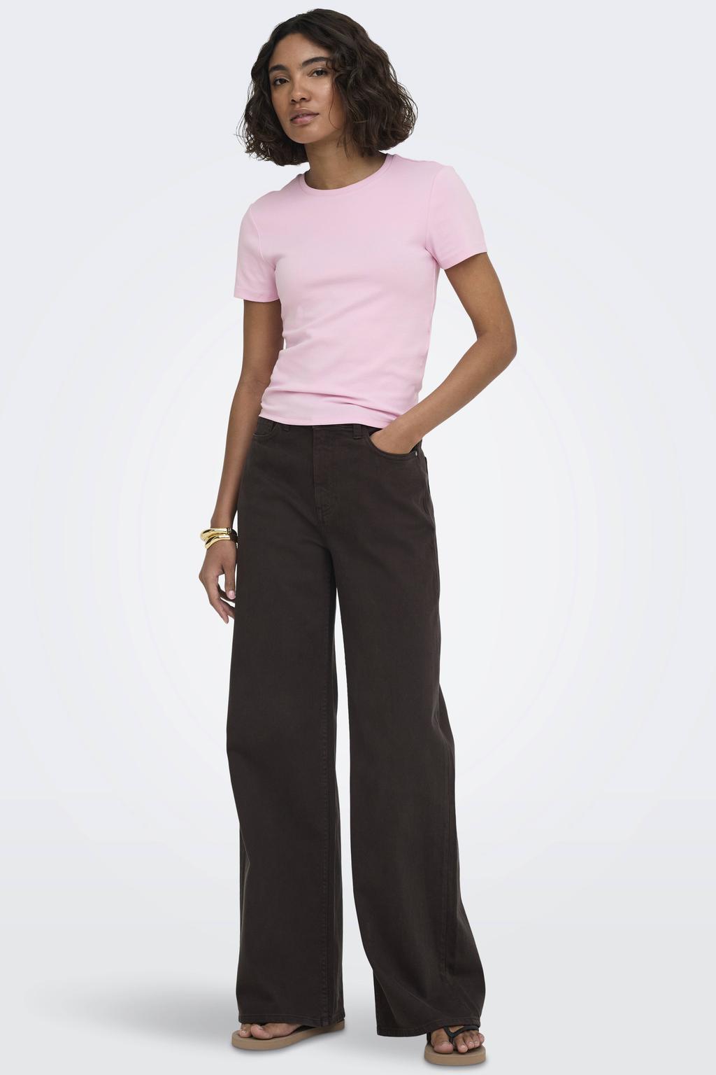 Lichtroze dames ONLY T-shirt van katoen met effen, korte mouwen en ronde hals