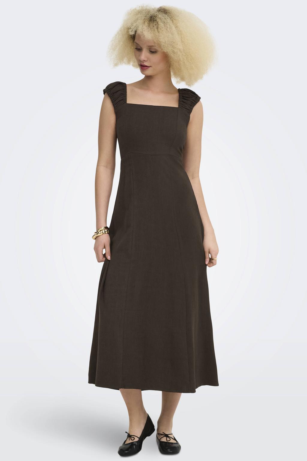 Bruine dames ONLY maxi zomerjurk van viscose met effen, vierkante hals, rits- en vetersluiting en geweven detail