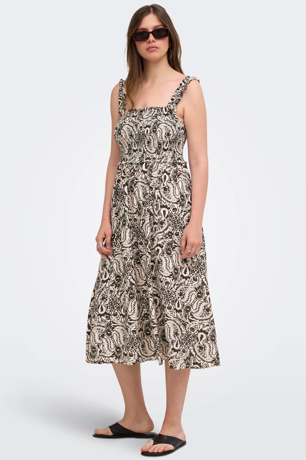 Beige dames ONLY maxi zomerjurk met print van viscose met vierkante hals en smockwerk