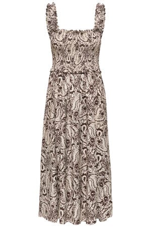 maxi zomerjurk met smockwerk en print - beige