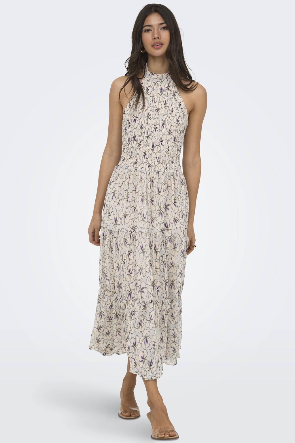 Lichtblauw en ecru dames ONLY maxi gebloemde jurk van polyester met halterkraag en striksluiting