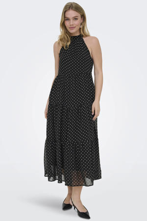 halter maxijurk met stippen - zwart