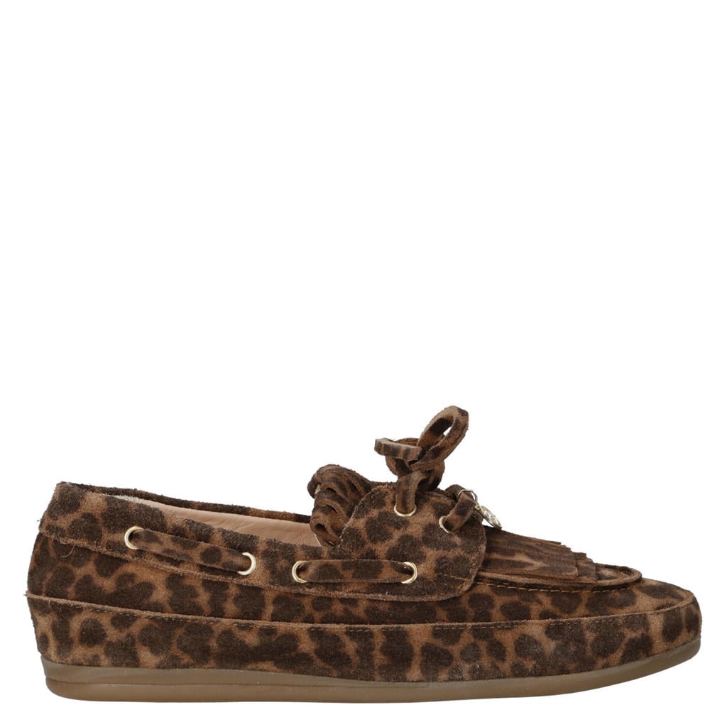 Bruin en zwarte dames Babouche Alice-2 suède bootschoenen - met veters en panterprint