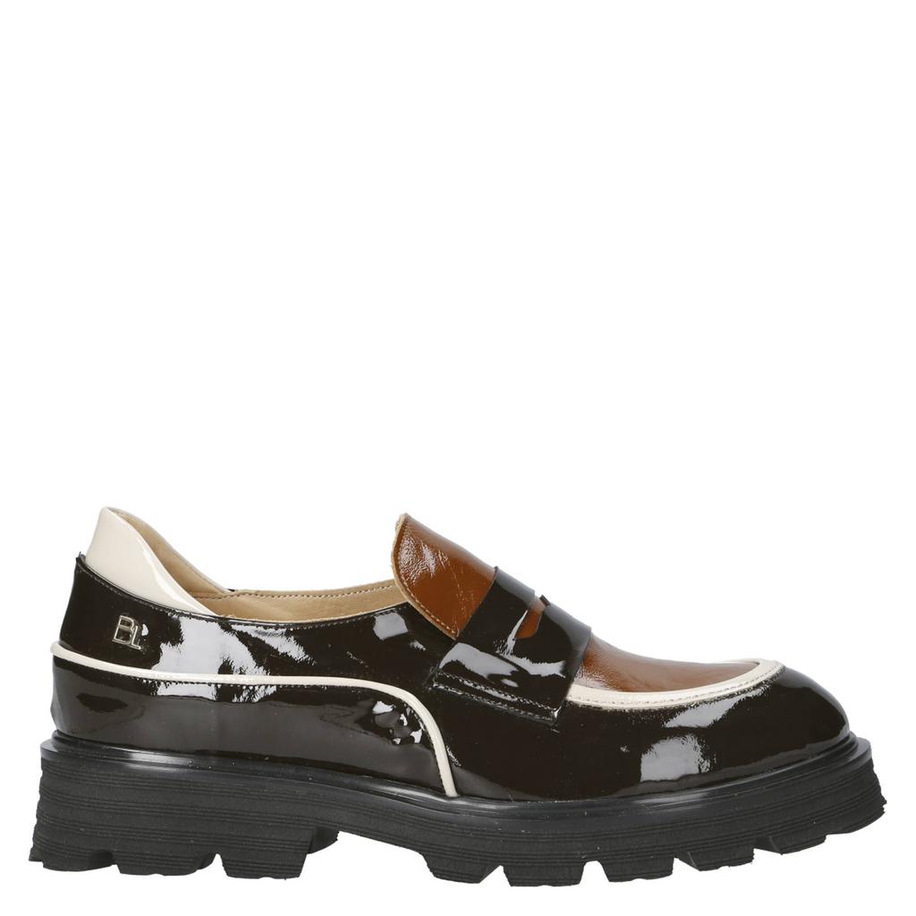 Zwart en bruine dames Babouche Evita-12 chunky lakleren loafers met profielzool -