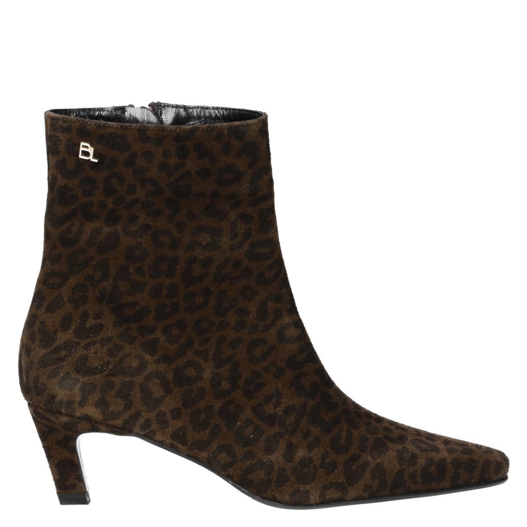 Bruin en zwarte dames Babouche Feline-2 suède enkellaarzen met hak en - met ritssluiting en panterprint