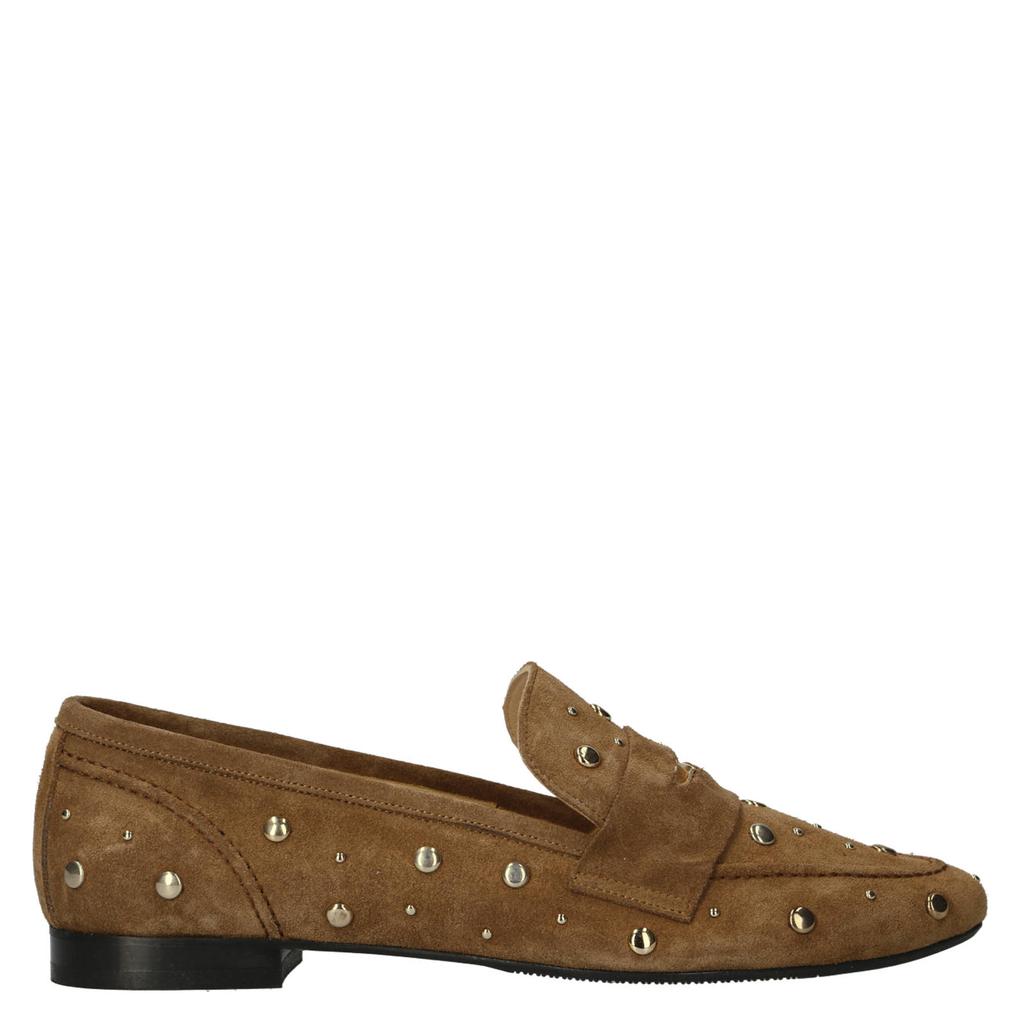 Bruine dames Babouche G-Lois-2 suède loafers met studs en print -