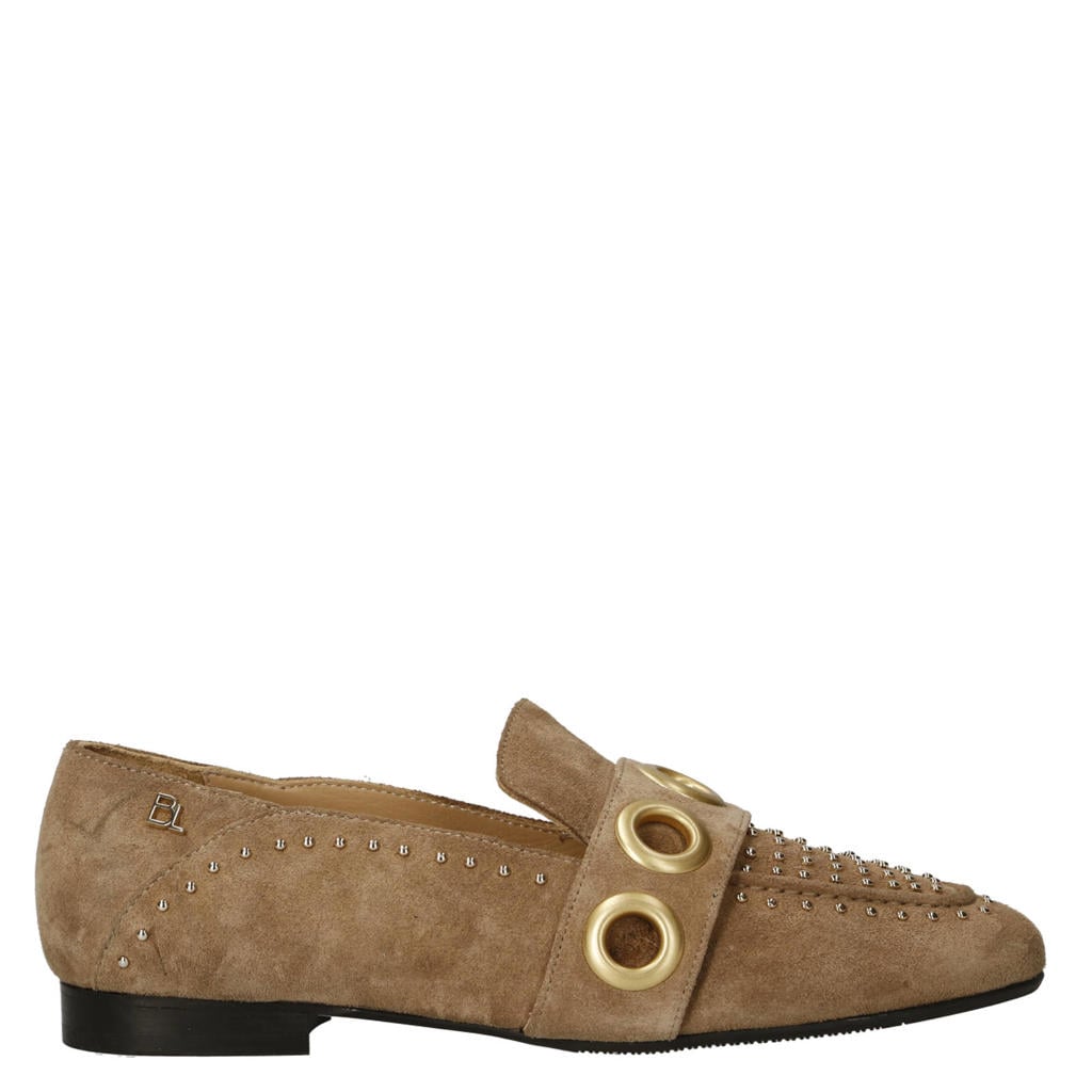 Beige dames Babouche MG-Shelly-2 suède loafers met studs -