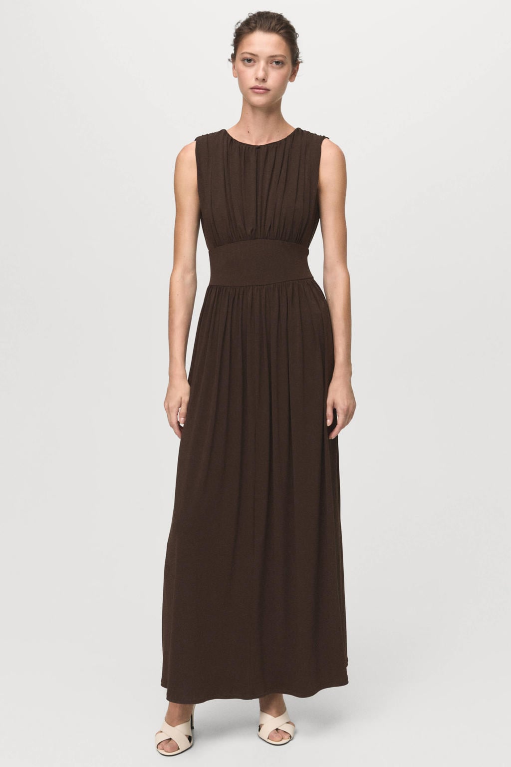 Bruine dames Mango midi zomerjurk van polyester met effen en ronde hals