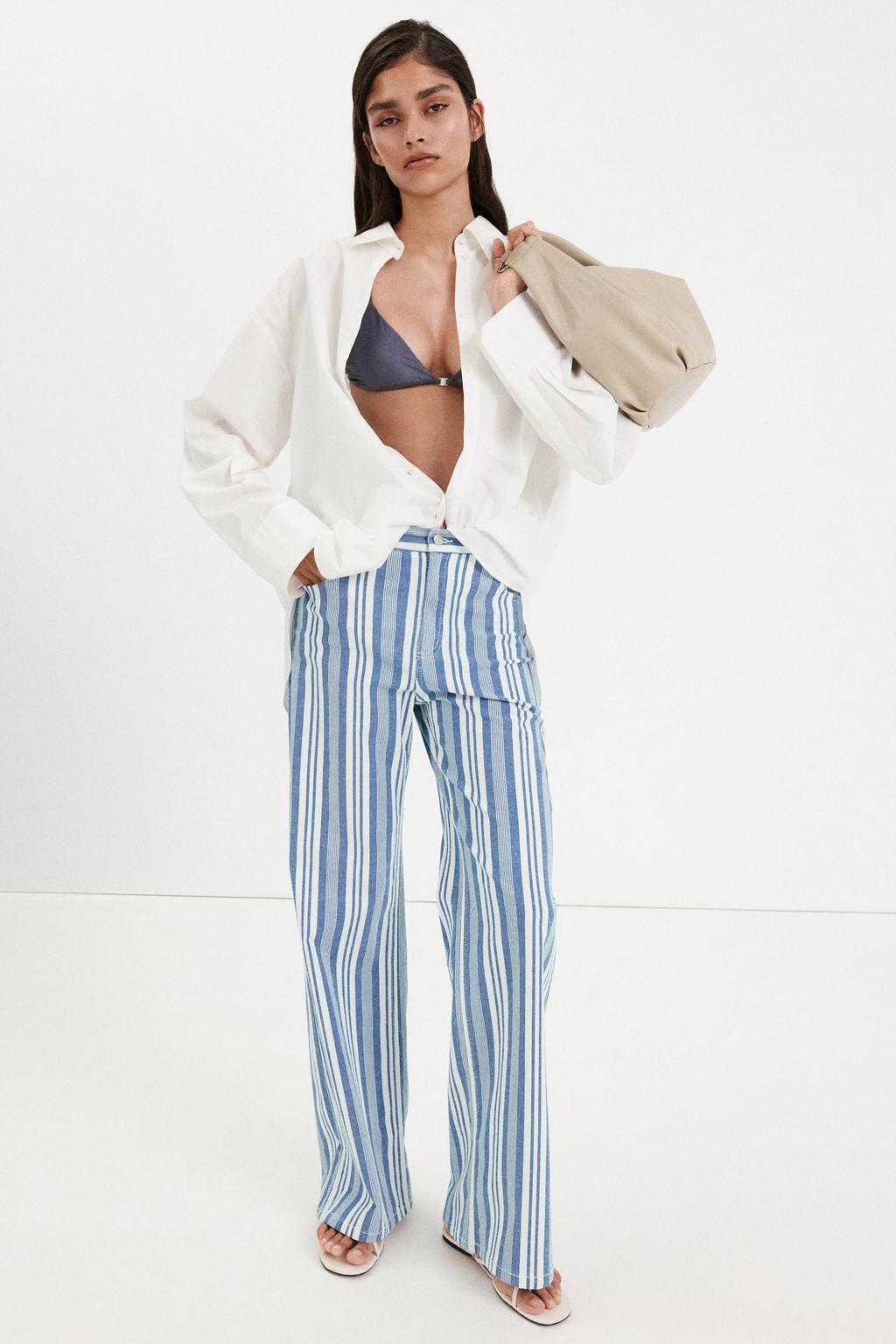 Blauw en witte dames Mango flared gestreepte jeans van denim met regular waist en rits- en knoopsluiting