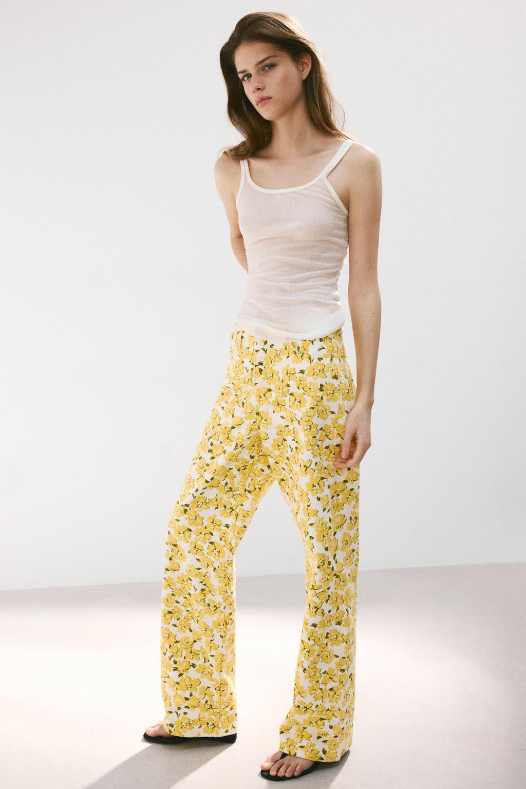 Lichtgeel en witte dames Mango straight leg gebloemde jeans van denim met rits- en knoopsluiting