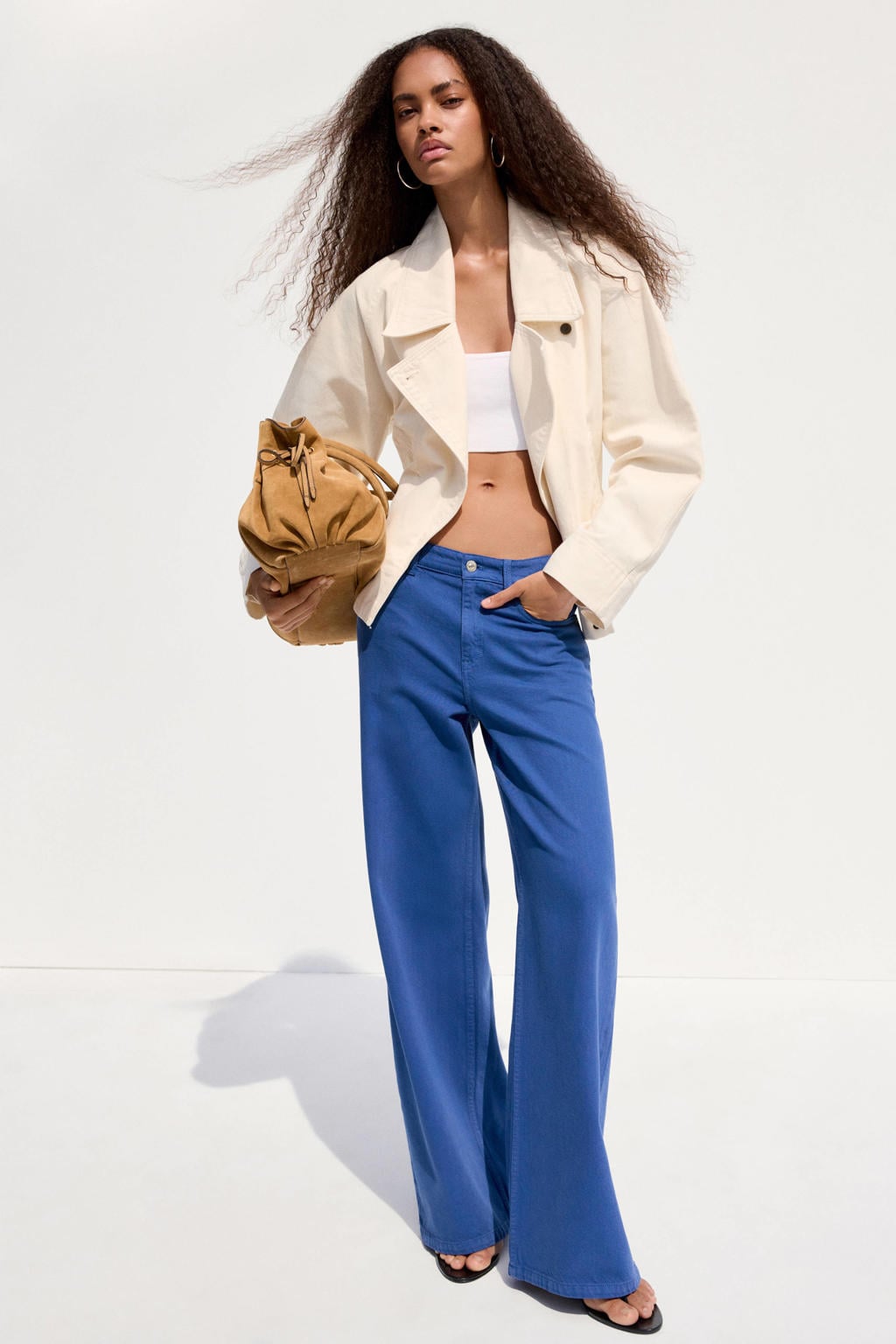 Blauwe dames Mango wide leg jeans van denim met rits- en knoopsluiting en effen
